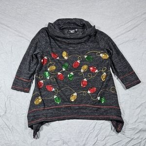 Onque Casual Christmas Lights Sequin Cowl Neck‎ Sharkbite Tunic Gray PM Womens
